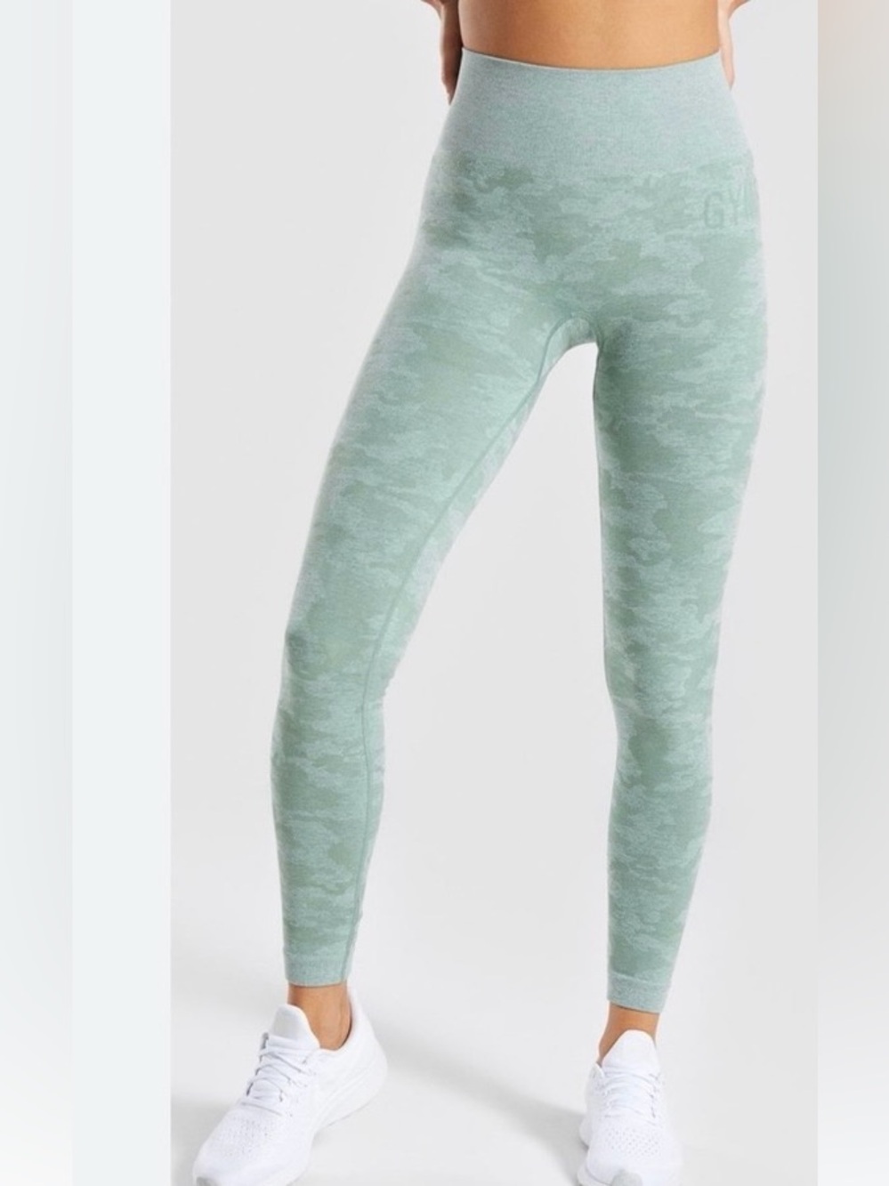 Gymshark Adapt Camo Seamless Leggings in Sage Green.